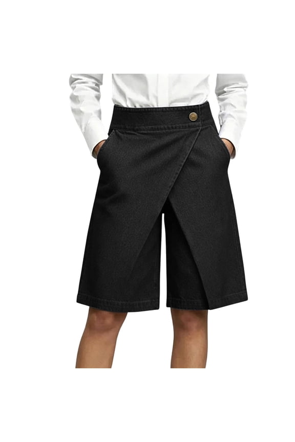 Women's Denim Short Front High Waisted Knee Length Culottes Skort Casual Summer Daily Wear Short with Pockets Black,M
