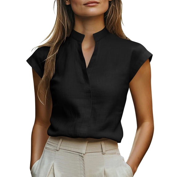 hlysgo Women's Dressy Casual Tops Business Work Blouses Cap Sleeve V Neck Tshirt Black,3xL