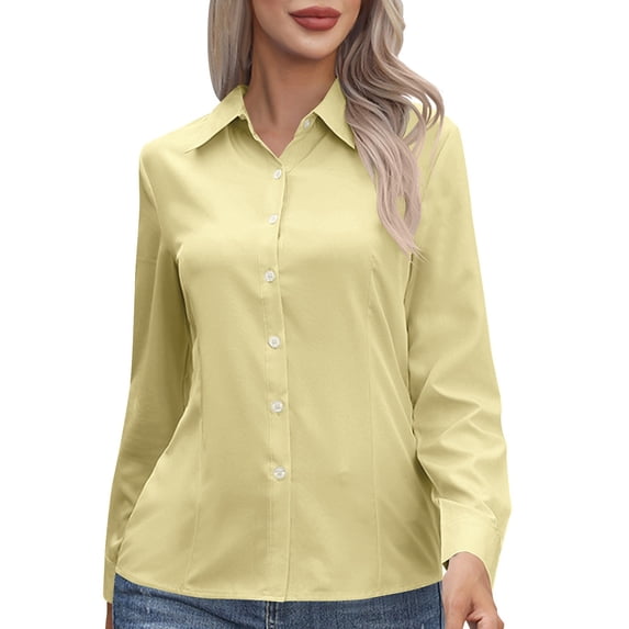 hlysgo Women's Dressy Shirts Wrinkle Free Long Sleeve Shirts Solid Work Business Button Down Shirts Yellow,3xL