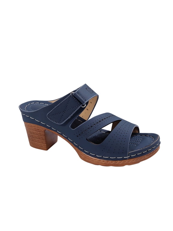 Women's Dressy Wedge Flat Heeled Sandals Round Open Toe Platform Slides Summer Beach Comfortable Vacation Boho Shoes Flats Sandal Blue 7.5