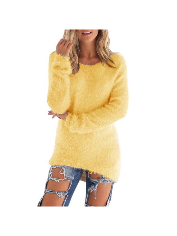 Women's Fashionable Tops Crew Neck Long Sleeve Pullovers Loose Blouse Fall Winter Fashion Fluffy Fuzzy Jumper Sweater Yellow,3xL