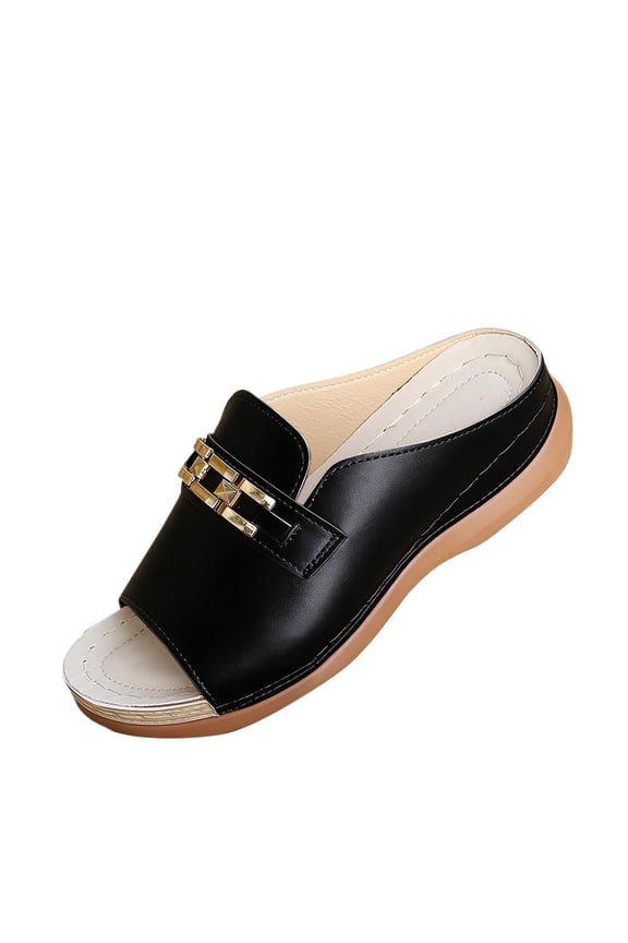 Women's Faux Leather Open Toe Wedge Clogs Stitch Urban Retro Slides Streetwear for Daily Walking Black 6