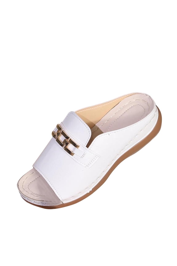 Women's Faux Leather Open Toe Wedge Clogs Stitch Urban Retro Slides Streetwear for Daily Walking White 9