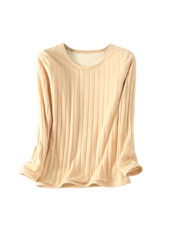 Women's Fleece Lined Tops Ribbed Thermal Long Sleeve Solid Round Neck Warm Base Layer Shirt Winter Thick Warm Underwear Cold Weather Blouse Beige,M