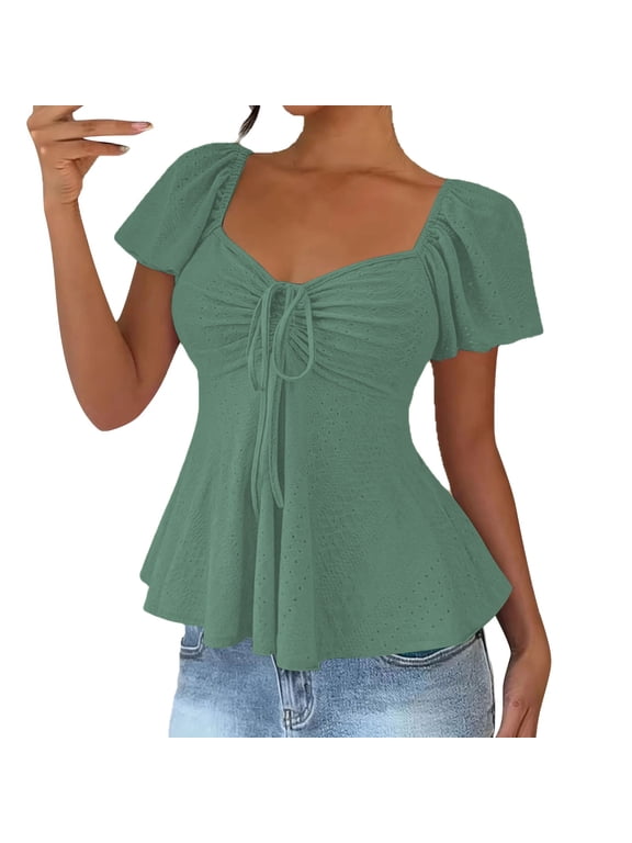 Women's Frill Trim Button Down Shirts Tie Front Puff Sleeve Ruffle Blouse Tops Summer Streetwear Business Blouse Green,2xL