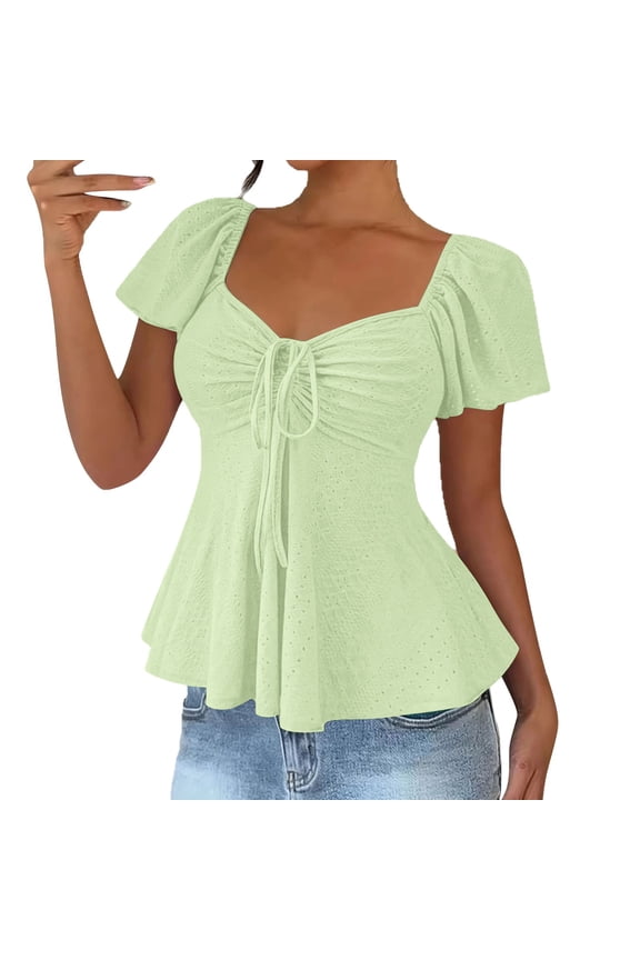 Women's Frill Trim Button Down Shirts Tie Front Puff Sleeve Ruffle Blouse Tops Summer Streetwear Business Blouse Mint Green,S