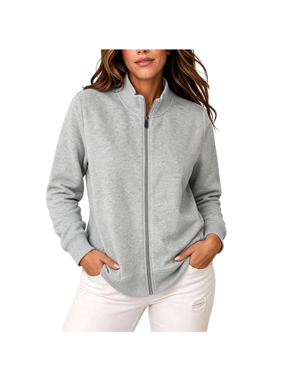 Women's Full Zip Up Workout Sweatshirts Plus Size Stand Collar Fall Jackets Loose Fit Casual Soft Tops with Pockets Gray,L