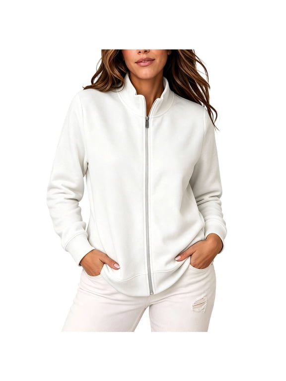 Women's Full Zip Up Workout Sweatshirts Plus Size Stand Collar Fall Jackets Loose Fit Casual Soft Tops with Pockets White,4xL
