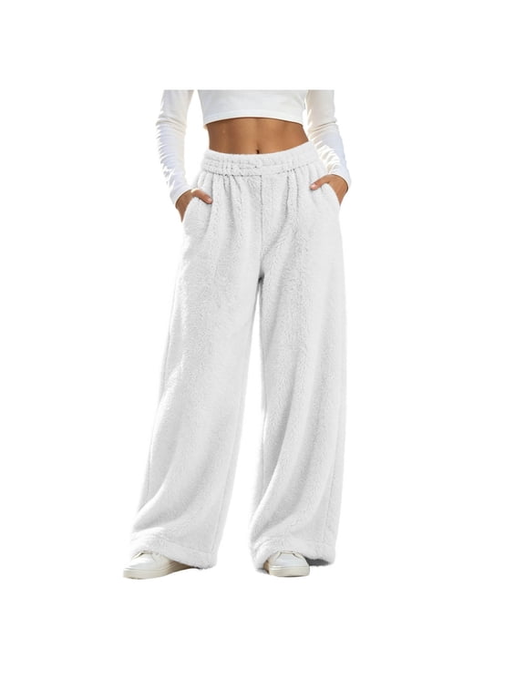 Women's Furry Fuzzy Lounge Pants Casual Straight Leg Long Trousers Fall Winter Comfort Sleeping Lounge Sweatpants White,M