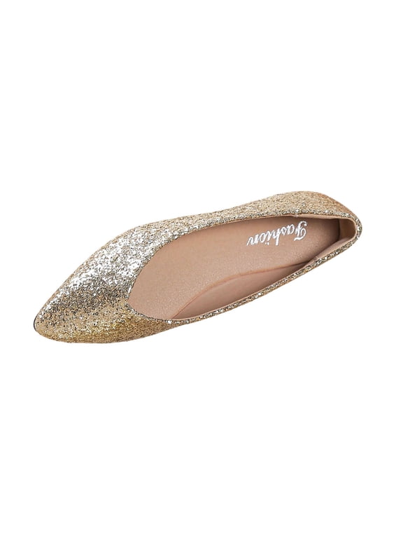 Women's Glitter Pointed Toe Slip On Comfort Flat Ballet Pumps Everyday Casual Shoes Gold 5.5