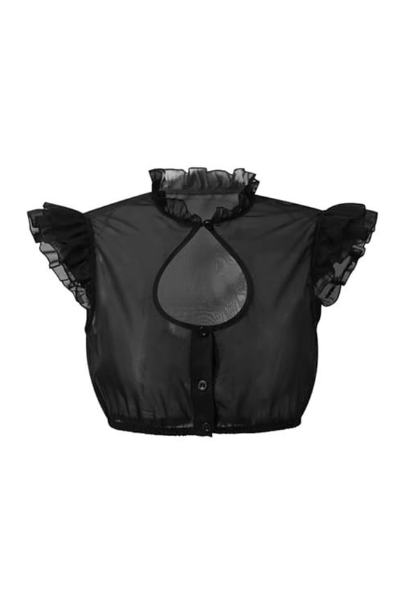 Women's Gothic Maid Crop Tops Ruffle Flutter Sleeve Hollow Out Keyhole Mesh Patchwork Zip Front Belted Blouses for Halloween Party Black,XL