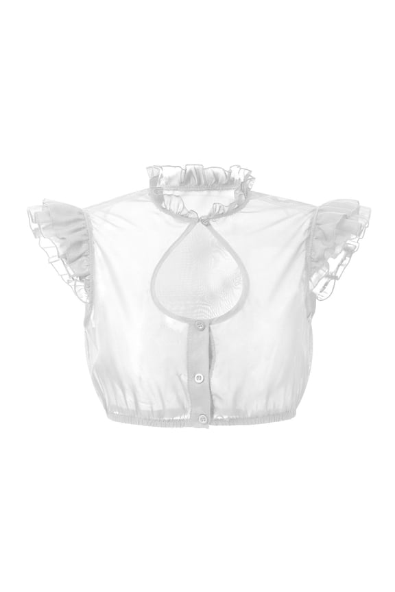 Women's Gothic Maid Crop Tops Ruffle Flutter Sleeve Hollow Out Keyhole Mesh Patchwork Zip Front Belted Blouses for Halloween Party White,M