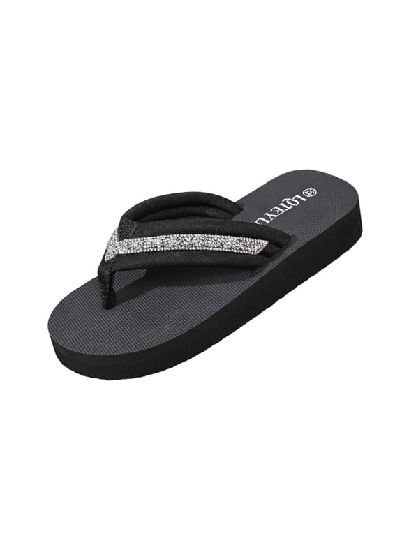 Women's High Low Platform T-Strap Rhinestone Sandals Jewel Sandals High Wedge Flip Flops Silver 7