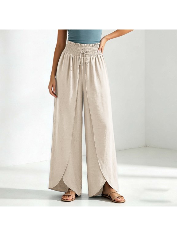 Women's High Waist Pants Split Hem Drawstring Loose Linen Blend Flowy Pant Wide Leg Casual Palazzo Trousers with Pockets Beige,M