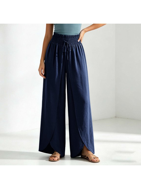 Women's High Waist Pants Split Hem Drawstring Loose Linen Blend Flowy Pant Wide Leg Casual Palazzo Trousers with Pockets Navy,XL