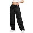 thumbnail image 1 of hlysgo Women's High Waisted Cargo Pants Loose Fit Wide Leg Cotton Trousers Drawstring Elastic Waist Casual Pant with Pockets Black,S, 1 of 5