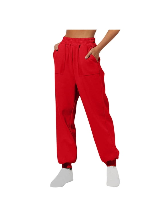 Women's High Waisted Sweatpants Workout Active Joggers Pants Baggy Lounge Bottoms Trousers with Pockets Red,M