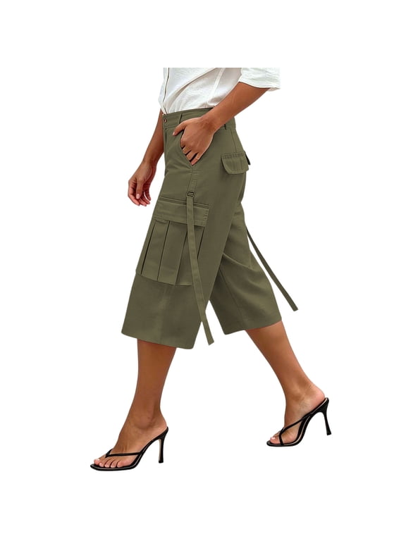Women's Knee Length Wide Leg Cargo Culottes Strap Detail Cropped Pants Outdoor Casual Trousers with Multi Pockets Army Green,2xL