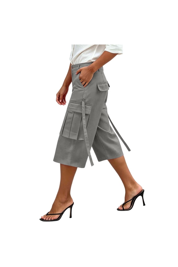 Women's Knee Length Wide Leg Cargo Culottes Strap Detail Cropped Pants Outdoor Casual Trousers with Multi Pockets Gray,2xL