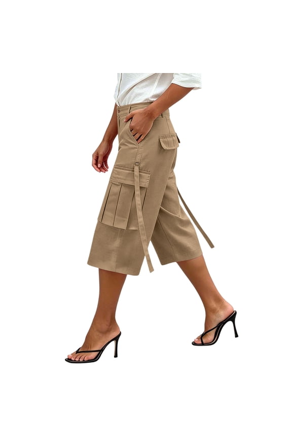 Women's Knee Length Wide Leg Cargo Culottes Strap Detail Cropped Pants Outdoor Casual Trousers with Multi Pockets Khaki,L