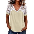 thumbnail image 1 of hlysgo Women's Lace V-Neck T-Shirts Short Sleeve Loose Fitting Tunic Basic Tops Summer Lightweight Shirts Khaki,S, 1 of 6