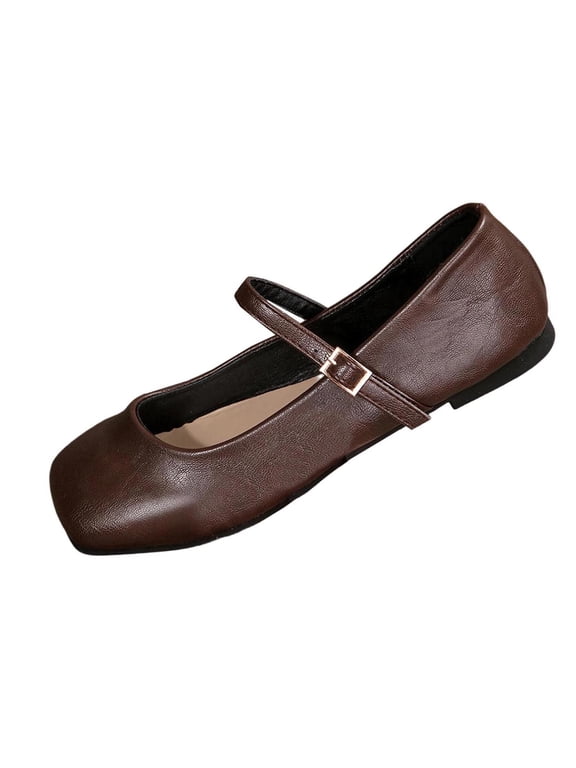 Women's Leather Flat Shoes Closed Toe Slip on Ballet Flats with Buckle Strap Brown 6.5