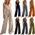 thumbnail image 1 of hlysgo Women's Linen Blend Sleeveless V-neck Wrap Belted Wide Leg Jumpsuit Casual Summer Vacation One Piece Outfit Gray,L, 1 of 6
