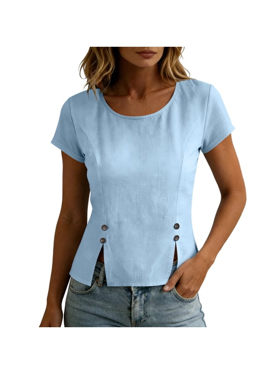 Women's Linen Cotton Crew Neck Tops Fitted Waist Button Split Blouse Hem Soft Brunch Date Shirts Blue,XL
