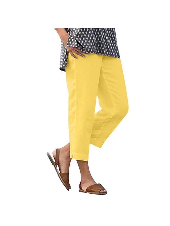 Women's Linen Pant Casual Wide Leg Pull On Crop Pants with Pockets Smoothing Lightweight Breathable Pants Yellow,XL