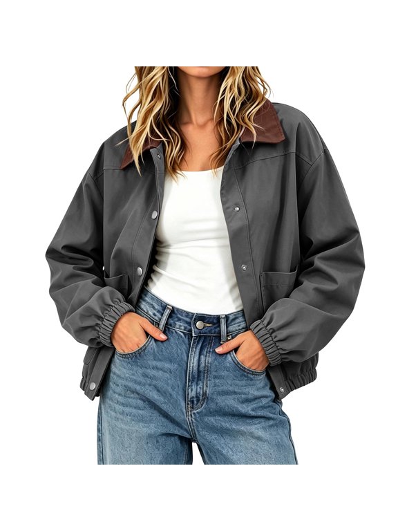 Women's Long Sleeve Button Down Jacket Collared Coat Shacket with Pockets Gray,XL