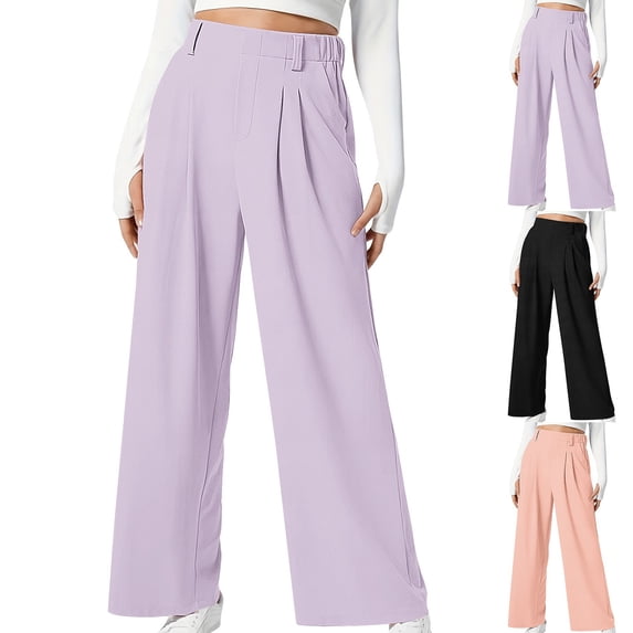 hlysgo Women's Loose Dress Pants Elastic Waist Wide Leg Pants Business Casual Pull on Trousers with Pockets Purple,S
