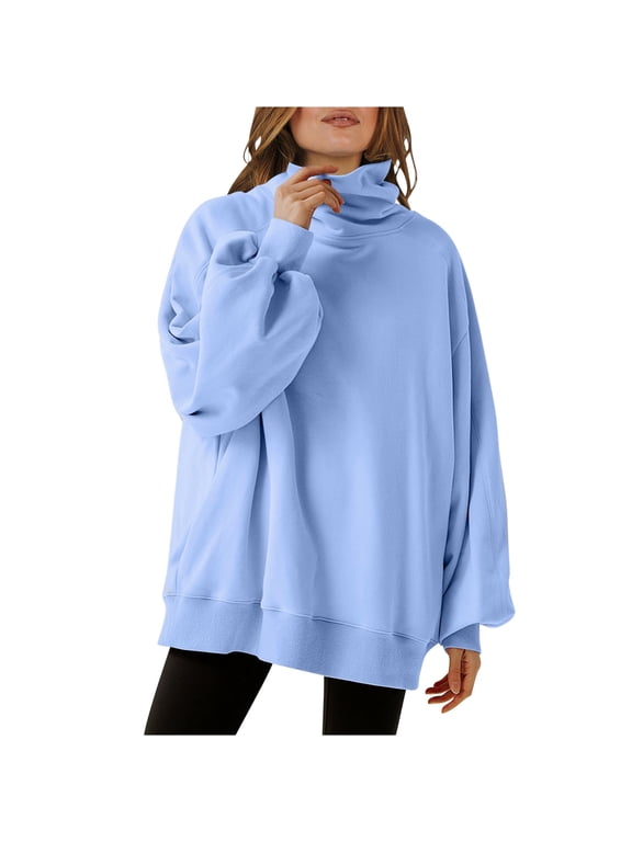 Women's Mock Neck Sweatshirt Cloud Fleece Lined Turtleneck Sweatshirts Fall Winter Outdoort Y2K Sweater Light Blue,L