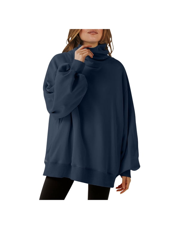 Women's Mock Neck Sweatshirt Cloud Fleece Lined Turtleneck Sweatshirts Fall Winter Outdoort Y2K Sweater Navy,L