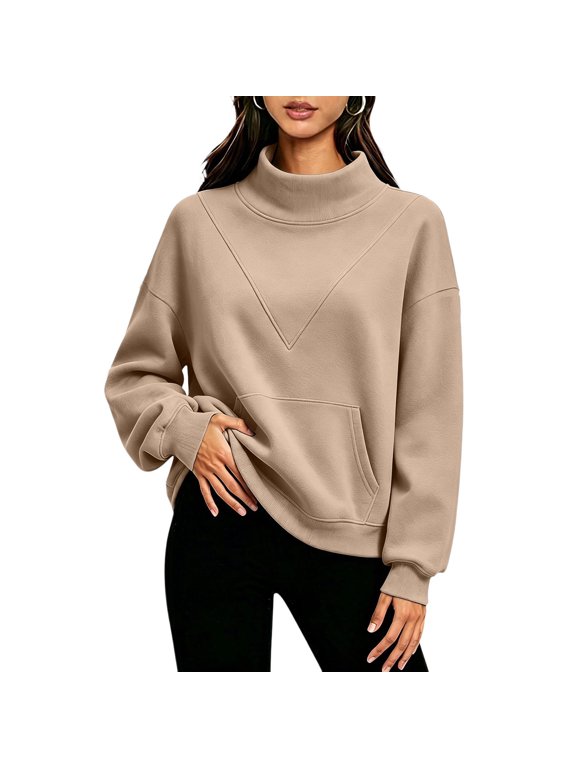 Women's Mock Neck Sweatshirts Triangle Oversized Drop Shoulder Blouse with Pocket Ribbed Cuff Long Sleeve Loose Casual Sweatshirt Khaki,XL