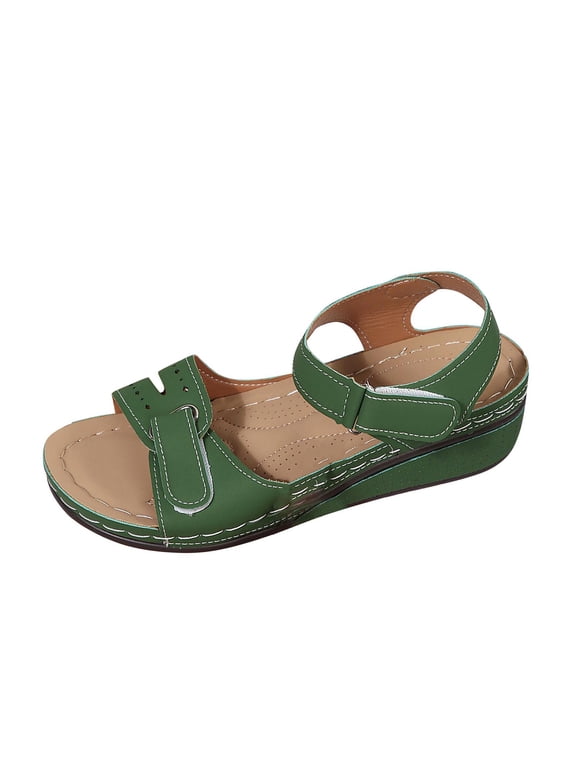 Women's Open Toe Adjustable Ankle Strap Sandals Hollow Out Hook & Loop Casual Platform Wedge Sandals for Summer Outdoor Green 36