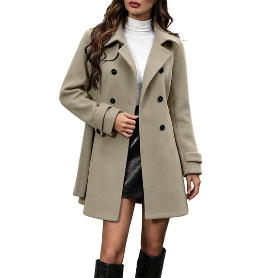 hlysgo Women's Peter Pan Collar Tops Double Breasted Winter Trench Pea Coat Long Sleeve Outerwear Elegant Overcoat Work Office Business Jackets Beige,2xL