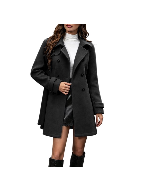 Women's Peter Pan Collar Tops Double Breasted Winter Trench Pea Coat Long Sleeve Outerwear Elegant Overcoat Work Office Business Jackets Black,S