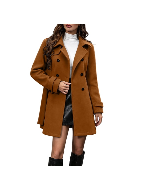 Women's Peter Pan Collar Tops Double Breasted Winter Trench Pea Coat Long Sleeve Outerwear Elegant Overcoat Work Office Business Jackets Coffee,S