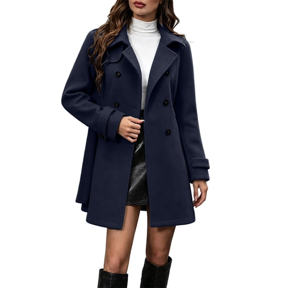 hlysgo Women's Peter Pan Collar Tops Double Breasted Winter Trench Pea Coat Long Sleeve Outerwear Elegant Overcoat Work Office Business Jackets Navy,S
