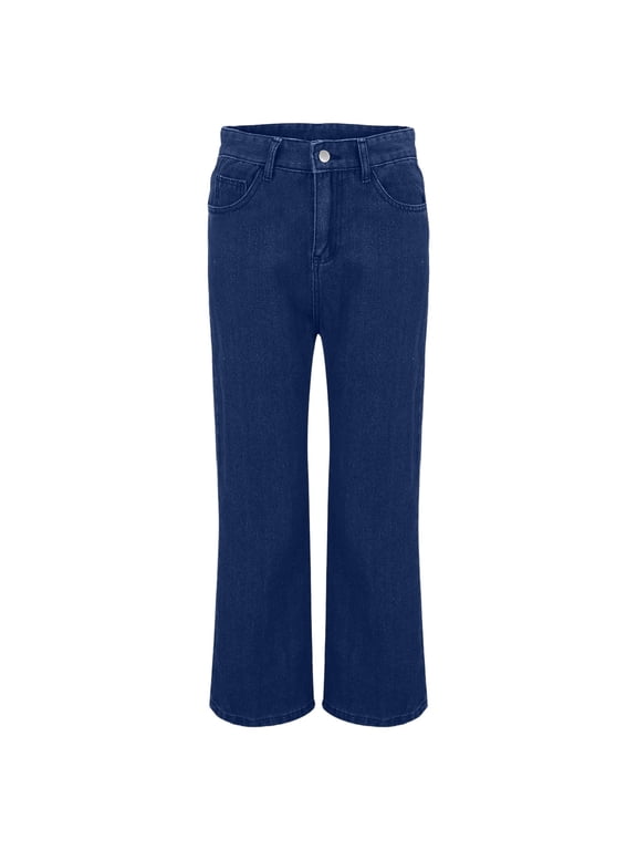 Women's Petite Jean Pant High Waisted Hem Flared Jeans Stretchy Bottom Denim Pants with Pockets Blue,L