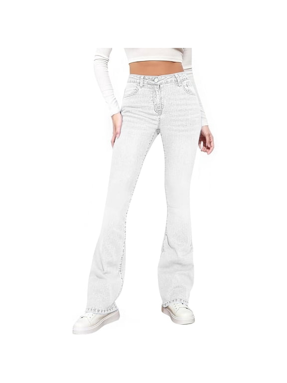 Women's Petite Jean Pant High Waisted Hem Flared Jeans Stretchy Bottom Denim Pants with Pockets White,S