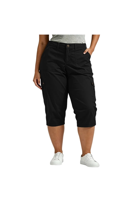 Women's Plus Size Pants Chino Cargo Elastic Waist Baggy Capris Comfort Summer Work Officewear Pant with Pockets Black,2xL