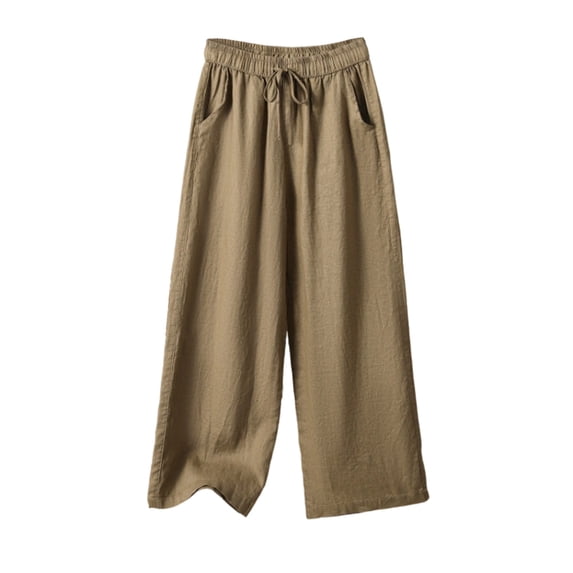 hlysgo Women's Plus Size Pants Elastic Drawstring Waist Wide Leg Pant Summer Beach Holiday Comfy Trousers with Pockets Khaki,4xL