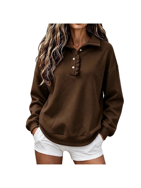 Women's Ruffled Henley Collared Sweatshirt 3-Button Placket Loose Drop Shoulder Sweatshirts Soft Long Sleeve Fall Casual Tops Coffee,L