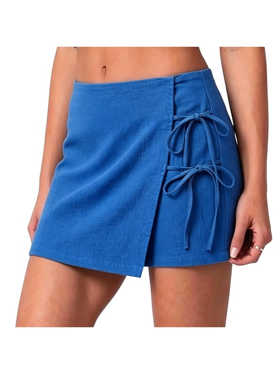 Women's Solid Wrap Front Linen Skirt Shorts Drawstring Knot Side Skort Shorts Summer Fashion Palazzo Streetwear Short Blue,XL