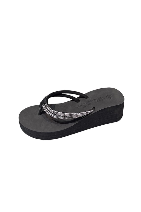 Women's Sparkly Rhinestone Platform Flip Flops Thong Sandals Flower Slip on Wedge Sandals Black 5.5