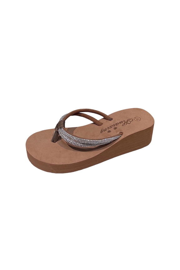 Women's Sparkly Rhinestone Platform Flip Flops Thong Sandals Flower Slip on Wedge Sandals Brown 7.5
