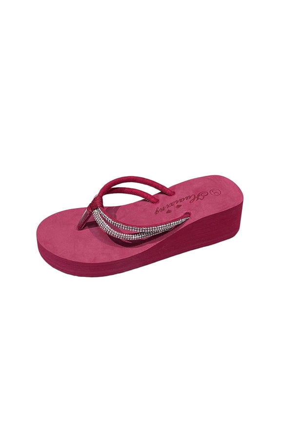 Women's Sparkly Rhinestone Platform Flip Flops Thong Sandals Flower Slip on Wedge Sandals Hot Pink 6