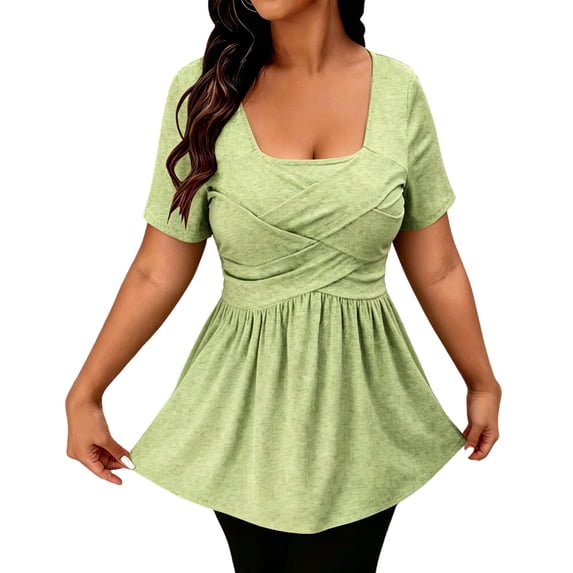 hlysgo Women's Square Neck Shirts Short Sleeve T Shirts Ruffle Summer Peplum Tops Green,2xL