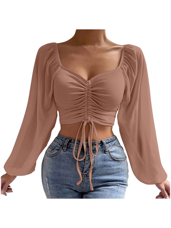 Women's Square Neck Top Ruched Drawstring Crop Long Puff Sleeve Solid Tie Front Camisole Blouse Fashion Cropped Tops For Women Daily Going Out Coffee,XL